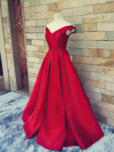 Off-the-shoulder Red Satin Sweep Train Sashes / Ribbons Gorgeous Prom Dress #JCD020101855