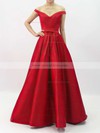 Off-the-shoulder Red Satin Sweep Train Sashes / Ribbons Gorgeous Prom Dress #JCD020101855