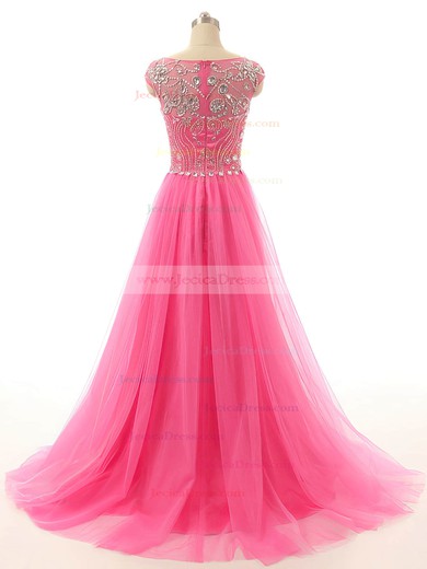 Boutique Scoop Neck Tulle Sweep Train Beading Pearl Pink Prom Dresses #JCD020101856