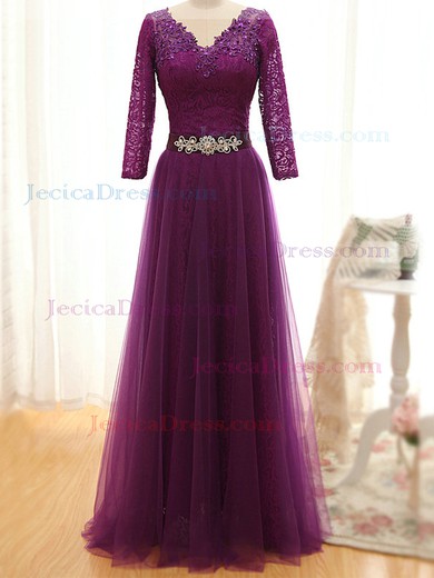 Great V-neck Tulle Lace Sashes / Ribbons Floor-length Long Sleeve Prom Dress #JCD020101859