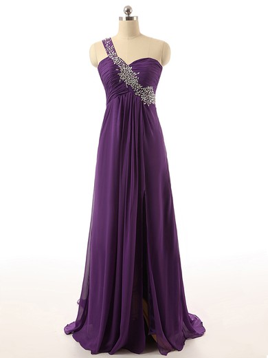 Cheap Purple Chiffon Beading Sweep Train One Shoulder Prom Dresses #JCD020101861