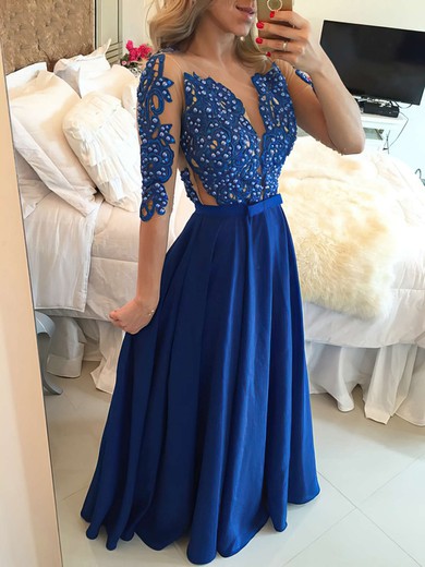 Royal Blue A-line Scoop Neck Chiffon Tulle Pearl Detailing 1/2 Sleeve Prom Dress #JCD020101864