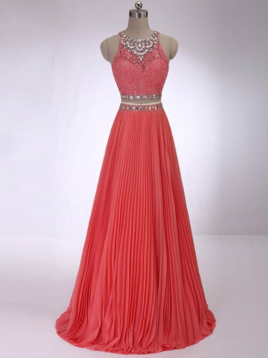 Scoop Neck Watermelon Lace Chiffon Sweep Train Pleats Two Pieces Prom Dress #JCD020101865
