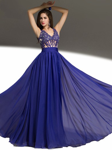 V-neck Royal Blue Tulle Chiffon Floor-length Appliques Lace Latest Prom Dress #JCD020101866