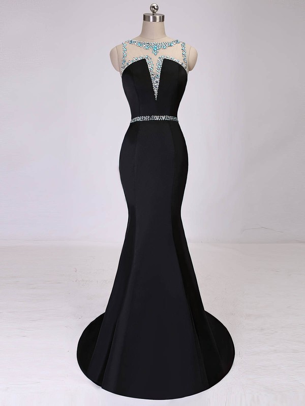 Trumpet/Mermaid Scoop Neck Satin Tulle Beading Modest Black Prom Dress #JCD020101875