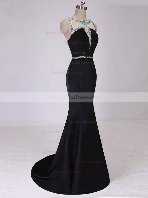 Trumpet/Mermaid Scoop Neck Satin Tulle Beading Modest Black Prom Dress #JCD020101875