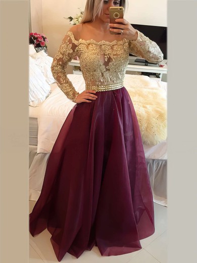 Elegant Scoop Neck Floor-length Organza Beading Long Sleeve Prom Dress #JCD020101877