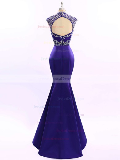 Royal Blue Trumpet/Mermaid Tulle Elastic Woven Satin Beading Floor-length Backless Prom Dresses #JCD020101343