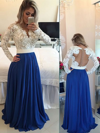 Long Sleeve V-neck Multi Colours Lace Chiffon Pearl Detailing Floor-length Prom Dress #JCD020101388