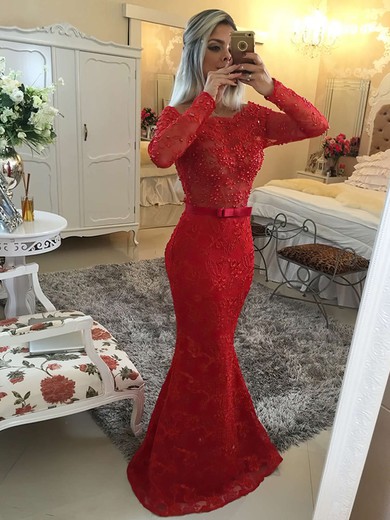 Red Trumpet/Mermaid Lace Tulle Beading Floor-length Long Sleeve Prom Dress #JCD020101486