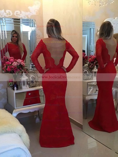 Red Trumpet/Mermaid Lace Tulle Beading Floor-length Long Sleeve Prom Dress #JCD020101486
