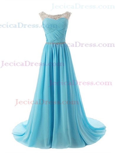 Scoop Neck Blue Chiffon Court Train Beading Popular Prom Dresses #JCD020101611
