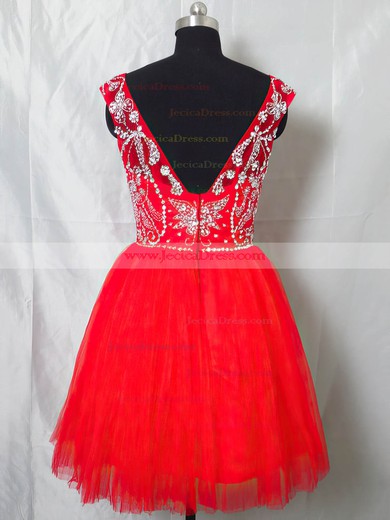 Red Tulle Scoop Neck Beading Cap Straps Short/Mini Prom Dresses #JCD020101404