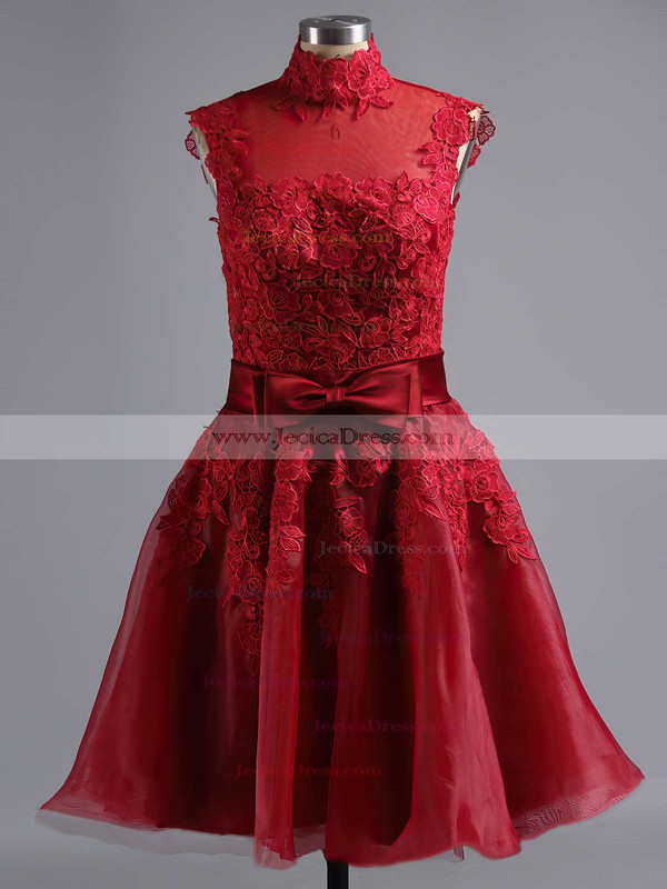 Popular High Neck Multi Colours Tulle Appliques Lace Knee-length Prom Dresses #JCD020101414