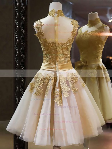 Popular High Neck Multi Colours Tulle Appliques Lace Knee-length Prom Dresses #JCD020101414