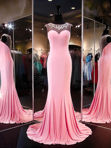 Perfect Trumpet/Mermaid Pink Silk-like Satin Beading Sweep Train Prom Dresses #JCD020101172