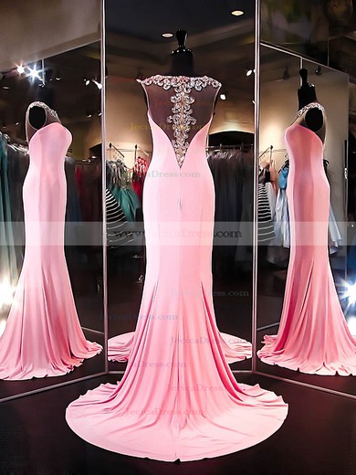 Perfect Trumpet/Mermaid Pink Silk-like Satin Beading Sweep Train Prom Dresses #JCD020101172
