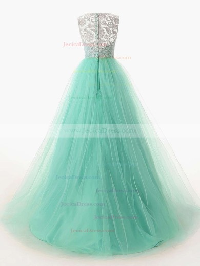 Scoop Neck Green Lace Tulle Ruffles Sweep Train Discounted Prom Dresses #JCD020101174