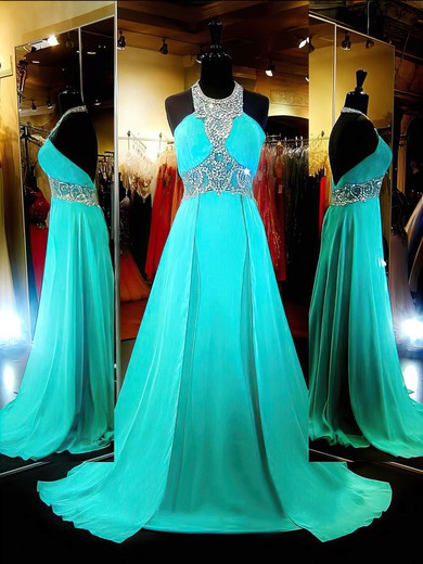 A-line Halter Chiffon Crystal Detailing Open Back Sweep Train Prom Dresses #JCD020101176