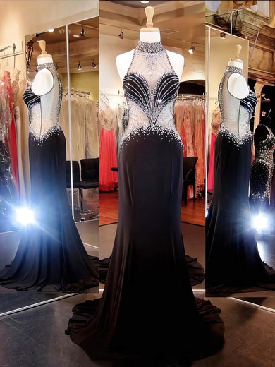 Sexy Sheath/Column High Neck Crystal Detailing Black Chiffon Tulle Prom Dresses #JCD020101177
