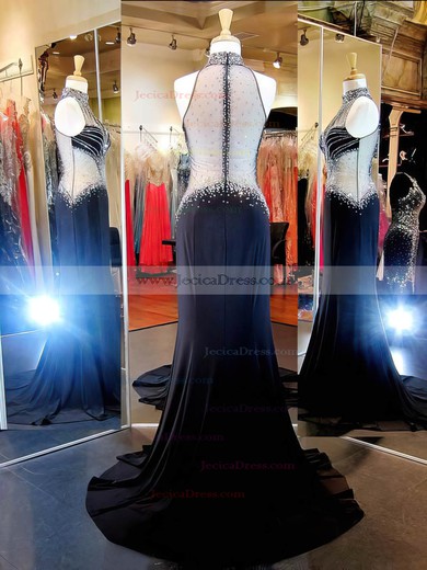 Sexy Sheath/Column High Neck Crystal Detailing Black Chiffon Tulle Prom Dresses #JCD020101177