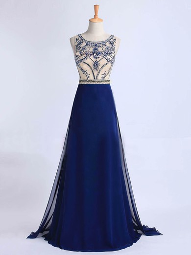 Hot Royal Blue Scoop Neck Chiffon Crystal Detailing Watteau Train Prom Dress #JCD020101182