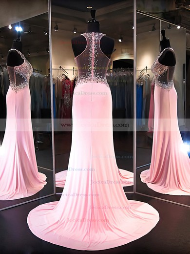 Scoop Neck Pink Chiffon Beading Sheath/Column Fashion Prom Dresses #JCD020101238