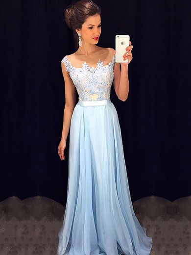 Affordable Scoop Neck Blue Chiffon Tulle Appliques Lace Floor-length Prom Dresses #JCD020101989