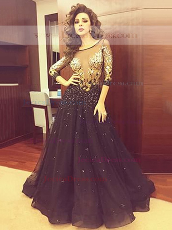 Scoop Neck Black Sweep Train Organza Tulle with Beading 3/4 Sleeve Prom Dress #JCD020101204