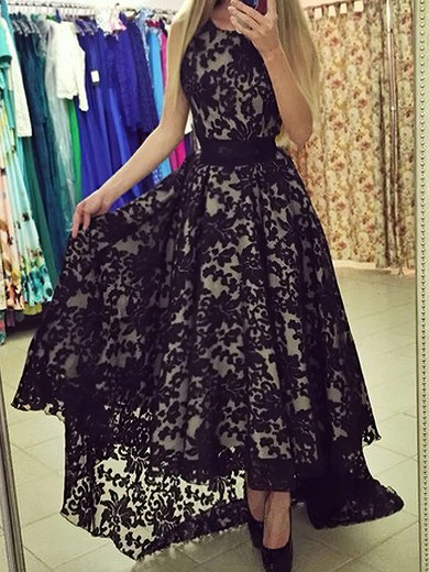 Scoop Neck Sleeveless Black Lace Sashes / Ribbons Asymmetrical Prom Dress #JCD020101207