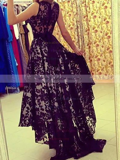 Scoop Neck Sleeveless Black Lace Sashes / Ribbons Asymmetrical Prom Dress #JCD020101207