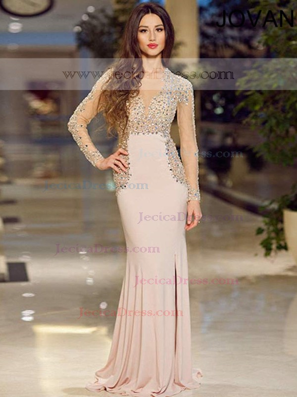 Trumpet/Mermaid Scoop Neck Chiffon Tulle Crystal Detailing Online Long Sleeve Prom Dress #JCD020101376