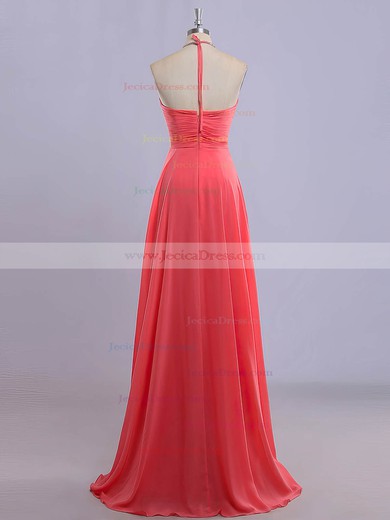 Watermelon Chiffon Floor-length Beading Sexy Halter Prom Dresses #JCD020101616