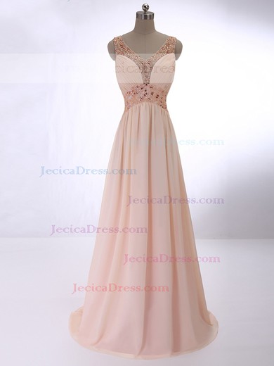 V-neck Pearl Pink Chiffon Floor-length Beading Elegant Prom Dresses #JCD020101619