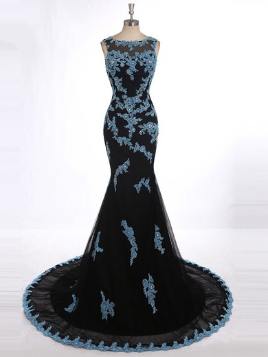 Trumpet/Mermaid Black Tulle Sweep Train Appliques Lace Open Back Prom Dresses #JCD020101622