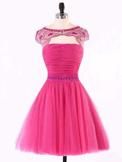 Scoop Neck Cap Straps Tulle with Beading Open Back Short/Mini Prom Dresses #JCD020101624