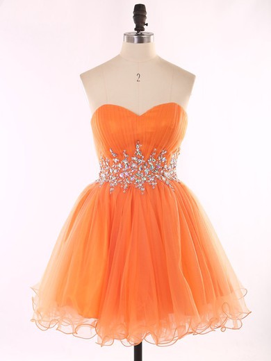 Girls Orange Sweetheart Organza Beading Short/Mini Prom Dresses #JCD020101625