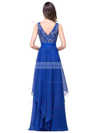 Scoop Neck Lace Chiffon Floor-length Sashes / Ribbons Royal Blue Prom Dresses #JCD020101628