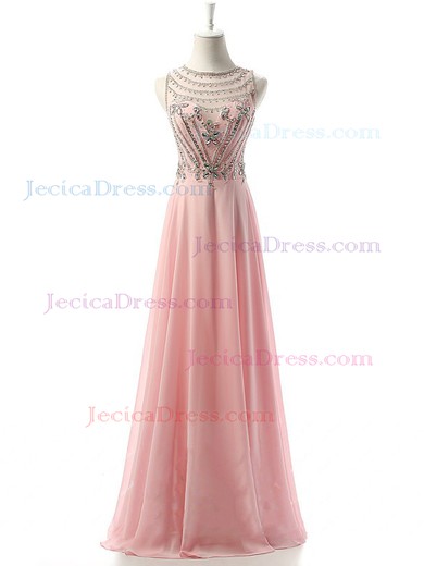 Pearl Pink Scoop Neck Tulle Chiffon with Beading Promotion Long Prom Dresses #JCD020101629