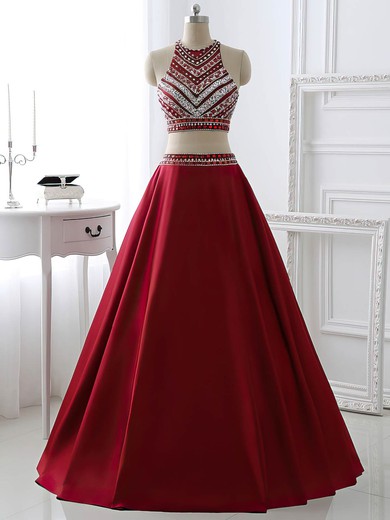 Ball Gown Scoop Neck Burgundy Satin Beading Two Pieces Prom Dresses #JCD020101632
