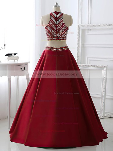 Ball Gown Scoop Neck Burgundy Satin Beading Two Pieces Prom Dresses #JCD020101632