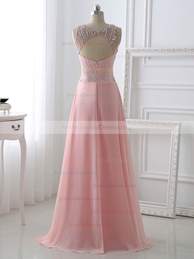 Hot A-line Scoop Neck Chiffon with Beading Pearl Pink Long Prom Dresses #JCD020101635