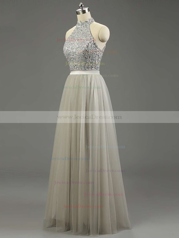 High Neck Gray Tulle Floor-length Beading Fashion Prom Dresses #JCD020101636