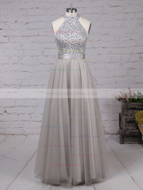 High Neck Gray Tulle Floor-length Beading Fashion Prom Dresses #JCD020101636