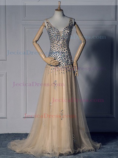 V-neck Champagne Tulle Crystal Detailing Sweep Train Different Prom Dresses #JCD020101637