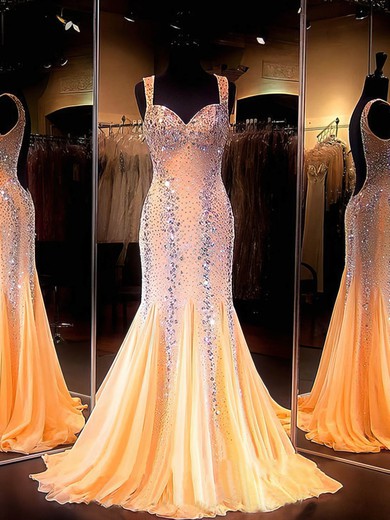 Exclusive Trumpet/Mermaid Chiffon Crystal Detailing Sweep Train Backless Prom Dresses #JCD020101639