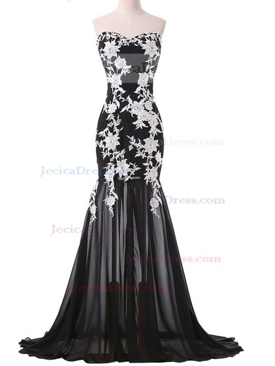 Trumpet/Mermaid Chiffon Sweep Train Appliques Lace Black Popular Prom Dresses #JCD020101643