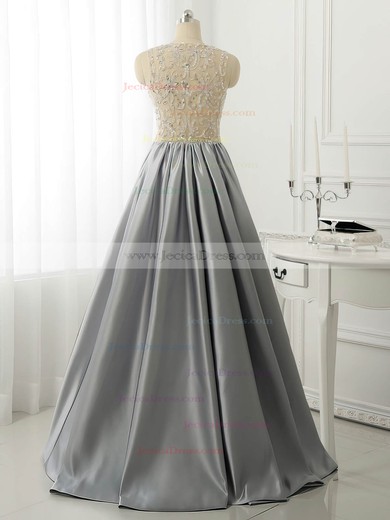 Gray Scoop Neck Satin Tulle Floor-length Beading Boutique Prom Dresses #JCD020101644