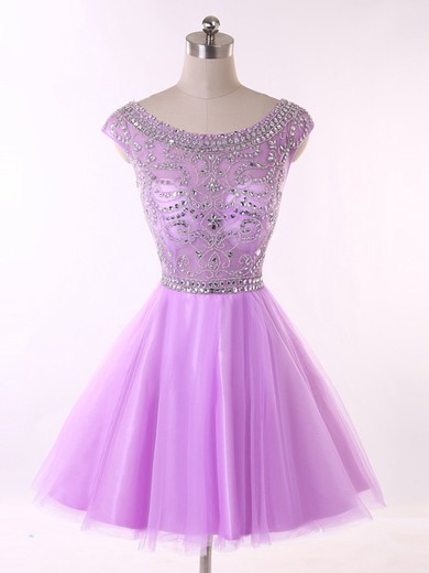 Backless Scoop Neck Lavender Tulle Beading Short/Mini Prom Dresses #JCD020101650