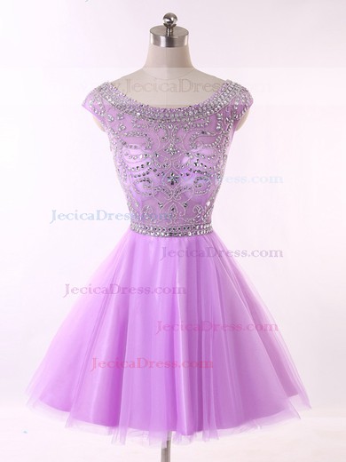 Backless Scoop Neck Lavender Tulle Beading Short/Mini Prom Dresses #JCD020101650